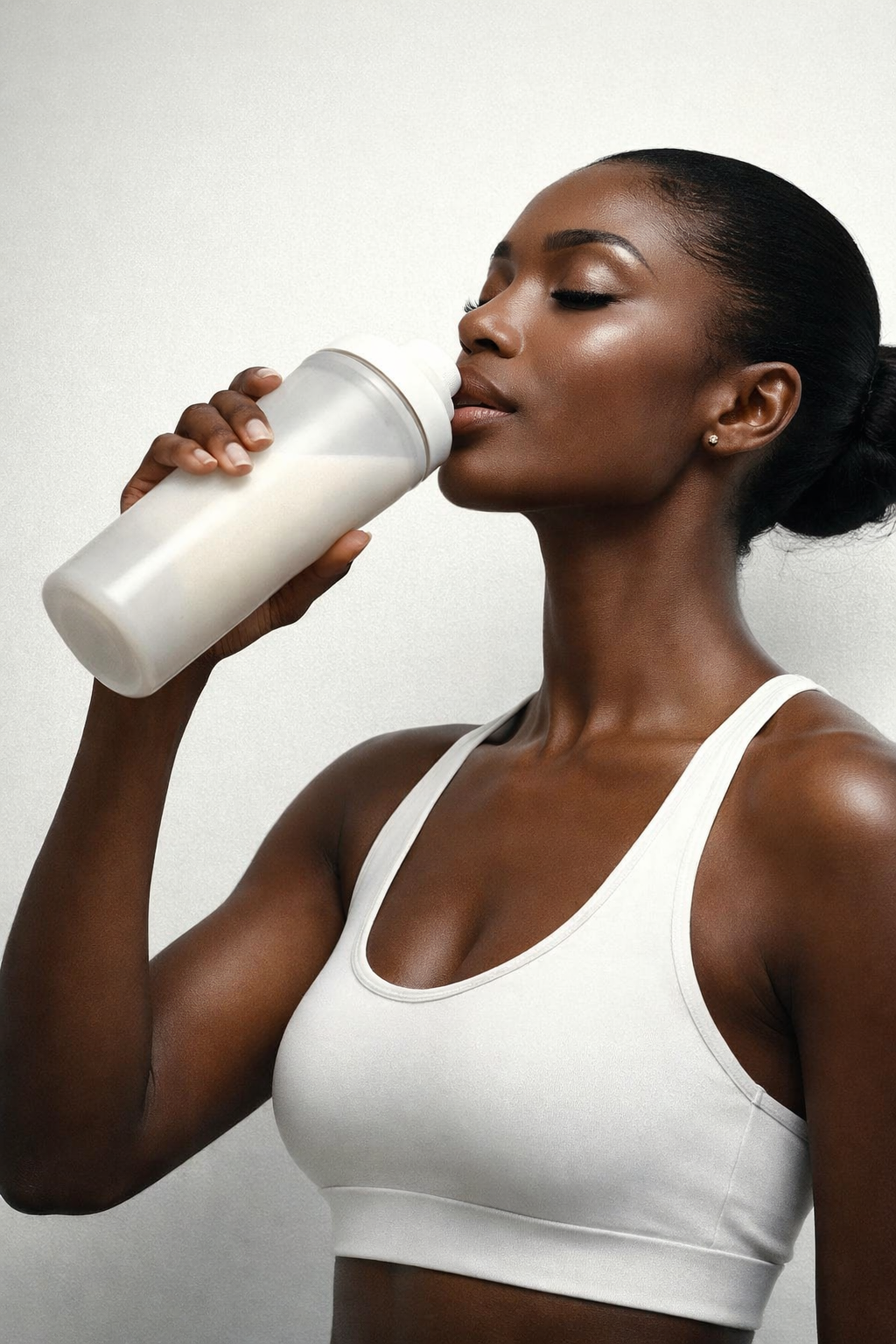 Fit black woman drinking Strong Snacks Whey shake